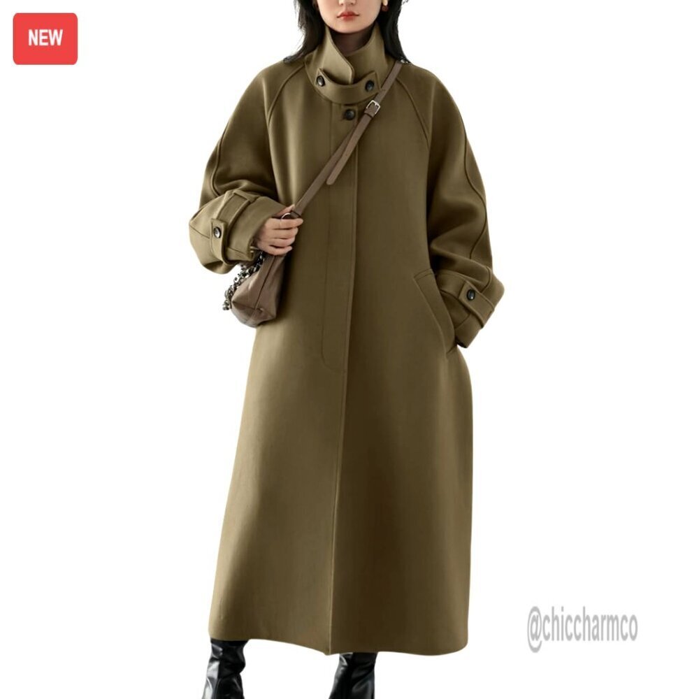 Women's Wool Overcoat Raglan Sleeve Business Coat Winter Long